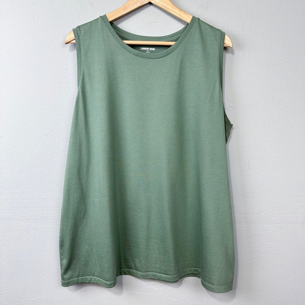 Lands End Tank Top Women 1X Green Sleeveless Cotton Crew Neck Knit Tee